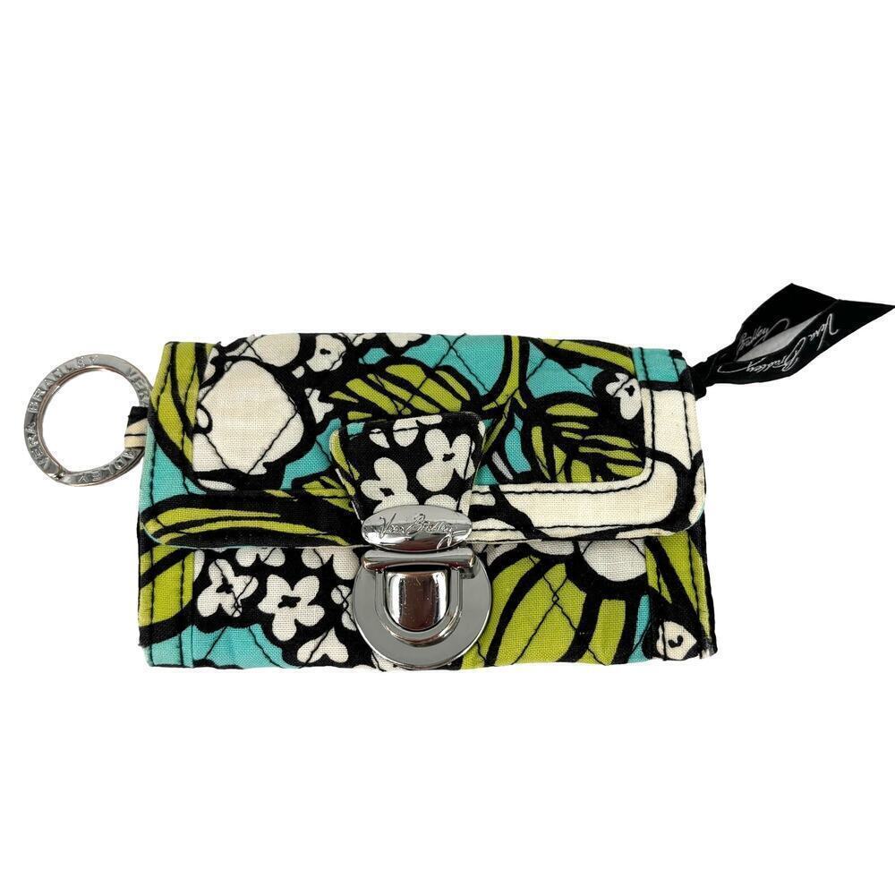 Vera Bradley Small Folding Key Ring ID Wallet Zip Coin Island Blooms Blue Lime